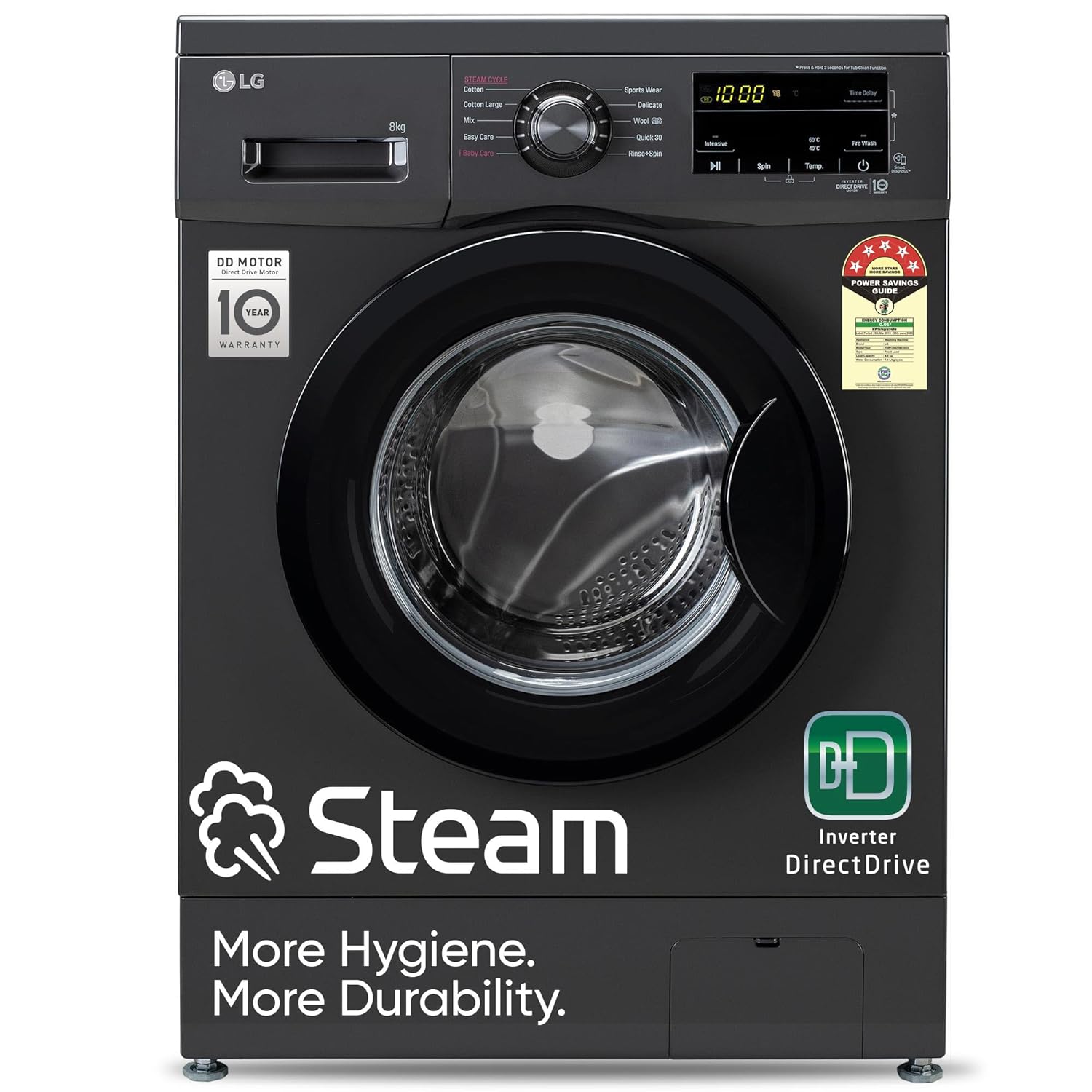 LG 8 Kg 5 Star Inverter Direct Drive Touch Panel Fully Automatic Front Load Washing Machine (FHM1408BDM, Steam for Hygiene, In-Built Heater, 6 Motion DD, Middle Black)