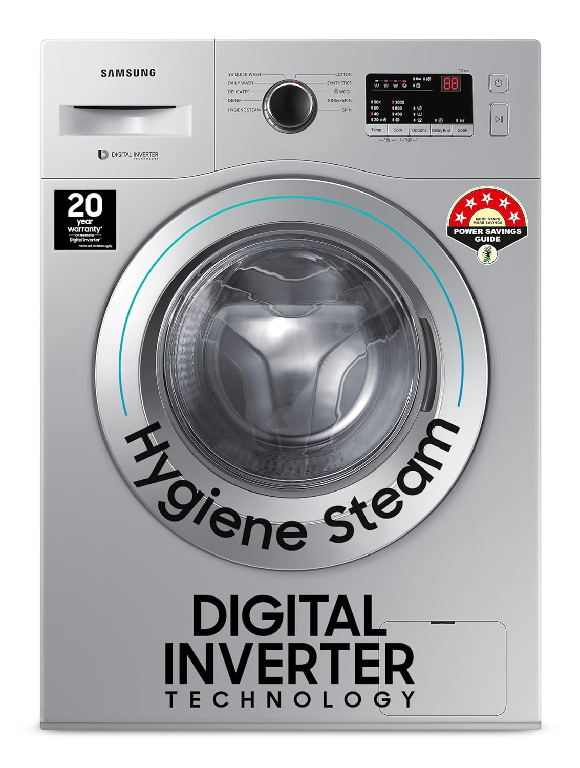 Samsung 7 kg, 5 star, Hygiene Steam with Inbuilt Heater, Digital Inverter, Fully-Automatic Front Load Washing Machine (WW70R20GLSS/TL, DA SILVER)