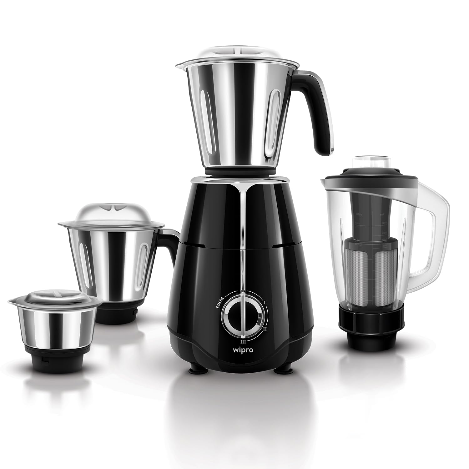 Wipro Elato FMG206 1000W Mixer Grinder | Heavy Duty 100% Copper Motor | Deep Flow Breaker| Superfast Grinding | 4 Jars | Black, 2 Years Warranty