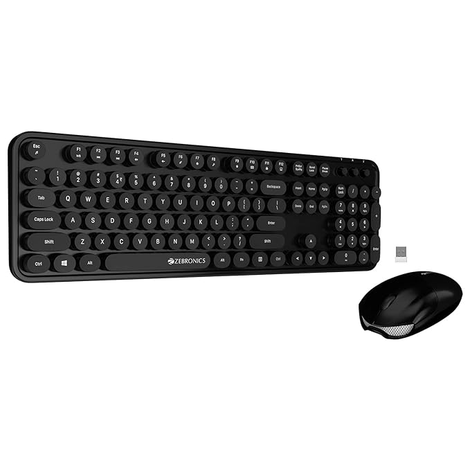 Zebronics Companion 300 (Retro Style) Wireless Mouse & Keyboard Combo with 2.4GHz Nano Receiver, Rounded Keys,Integrated Multimedia Control and Power Saving Mode(Black)