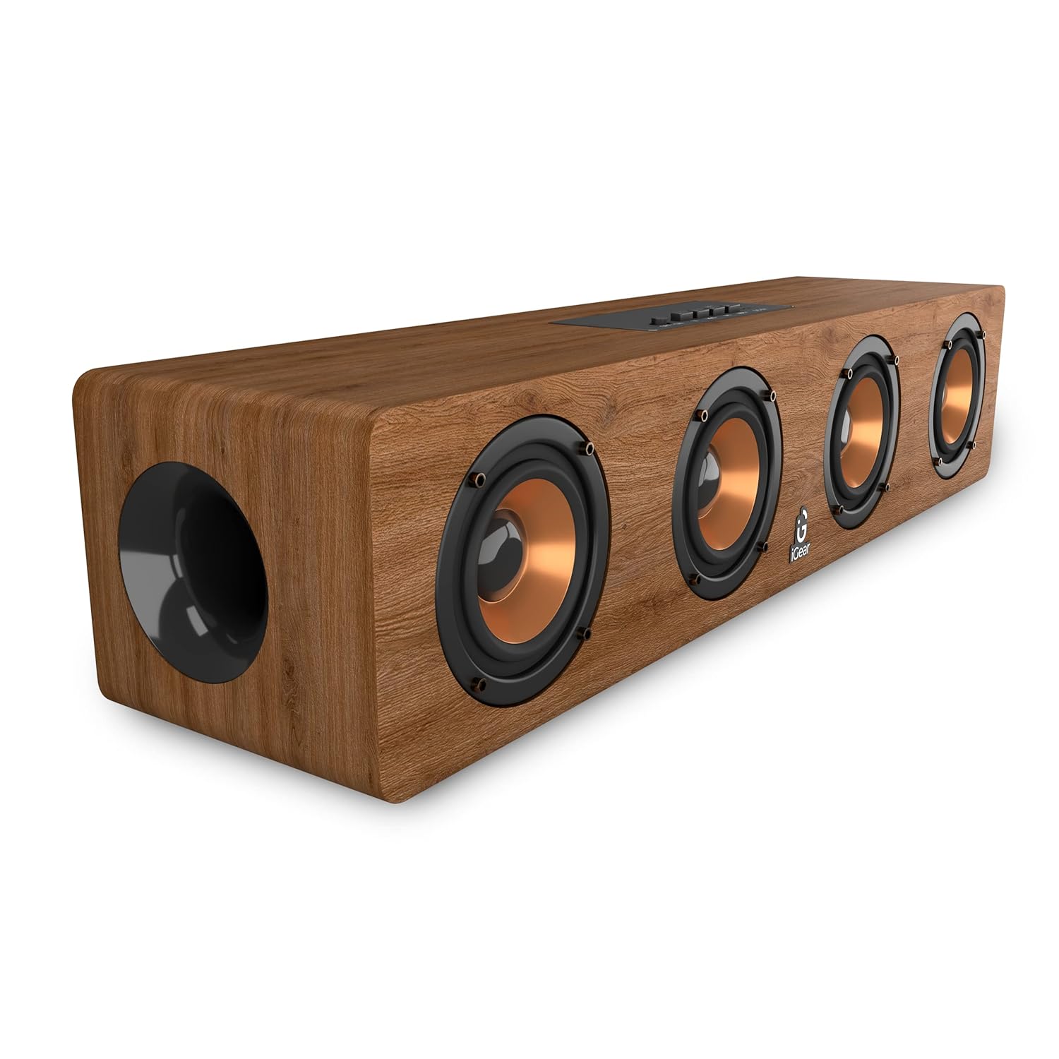 i Gear Ensemble 20 watts Wooden Portable Soundbar with Wireless Bluetooth connectivity, Rechargeable, with USB/TF Card Support, FM Mode and Sub-woofer for Extra Bass